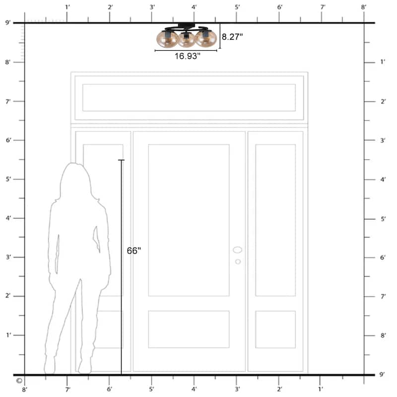 3 Light Matte Black Flush Mount Lighting Industrial with Amber Glass Globes - Dia.16.93-in