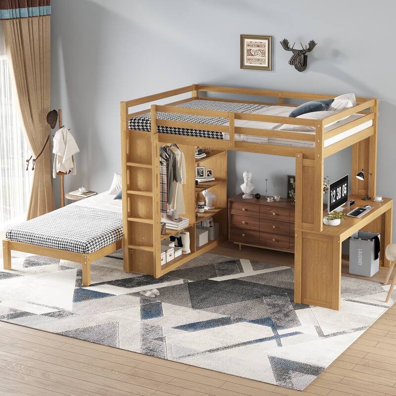 Solid Wood Bunk Bed with Built In Desk, Shelves and Wardrobe, Can be Converted into Loft Bed and Platform Bed