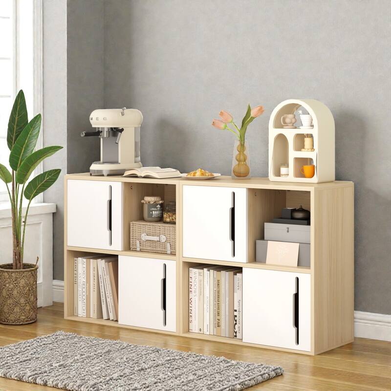 Modern Wooden Storage Cabinet with Sliding Doors, 2-Tier Open & Closed Shelves Organizer in Natural Wood and White