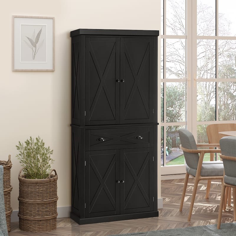 HOMCOM Freestanding Modern Farmhouse 4 Door Kitchen Pantry Cabinet, Storage Cabinet Organizer with 6-Tiers - Black