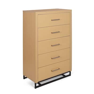 Tall Dresser Chest with 5 Drawers, Black Iron Base, Natural Brown Wood