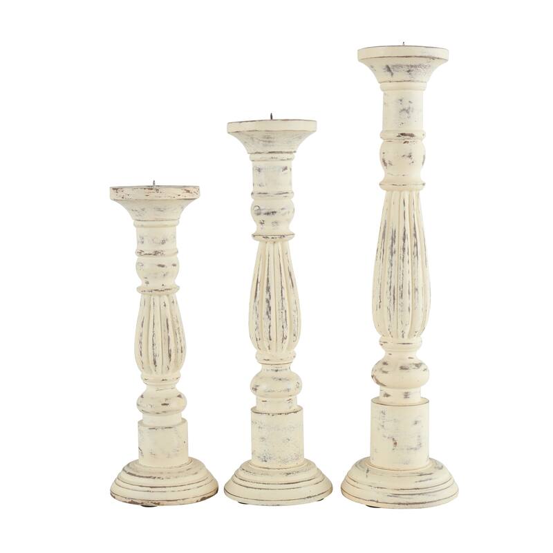 Mango Wood Candle Holder - Set of 3 White - Roche River Decor - 6"W x 6"L x 21"H