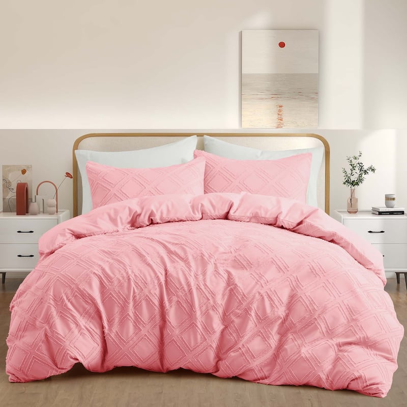 Tufted Clipped Jacquard Geometric Oversized Duvet Cover & Pillowcase Set - Square/Pink - Queen