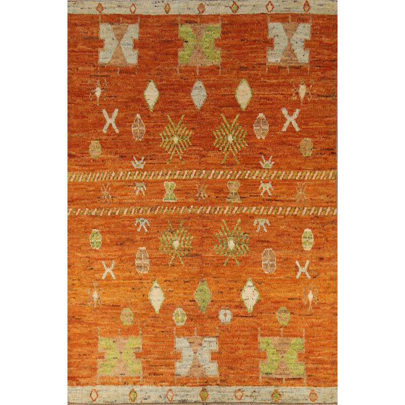 Geometric Orange Moroccan Oriental Area Rug Hand-Knotted Wool Carpet - 6'8" x 9'8"