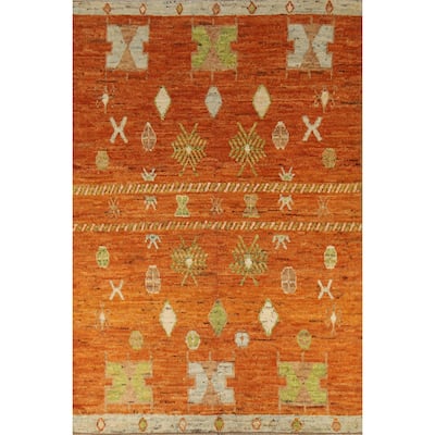 Geometric Orange Moroccan Oriental Area Rug Hand-Knotted Wool Carpet - 6'8" x 9'8"