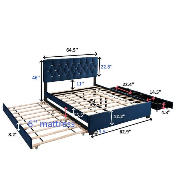dimension image slide 1 of 3, Queen Platform Bed with Twin XL Trundle and Dual Storage Drawers