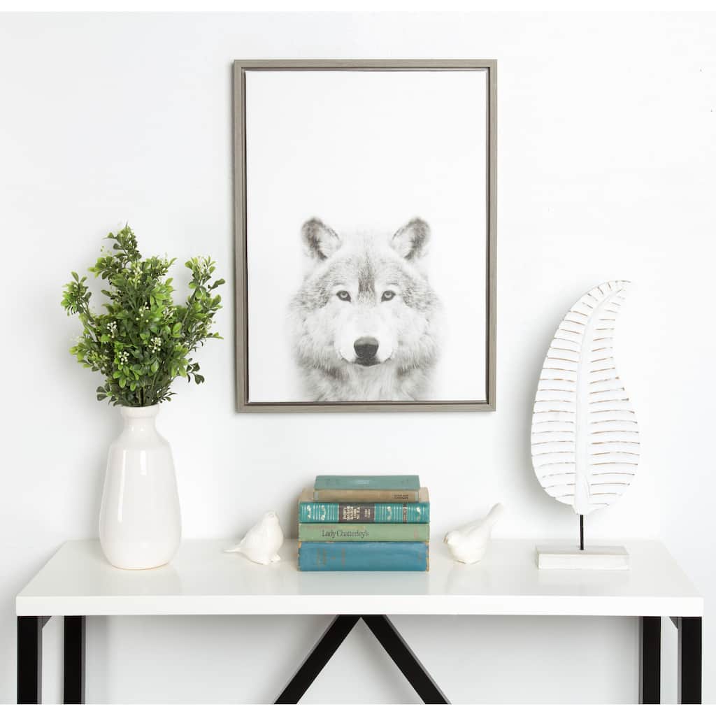 Kate and Laurel Sylvie Wolf Black and White Portrait Framed Canvas Wall Art by Simon Te Tai, 18x24 Gray