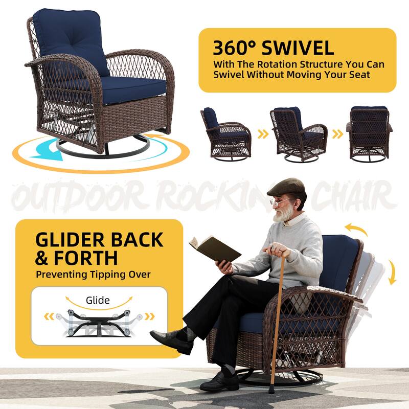 UPHA 5-Piece Patio Outdoor Wicker Swivel Rocking Chair Set with Side Table and Cushions