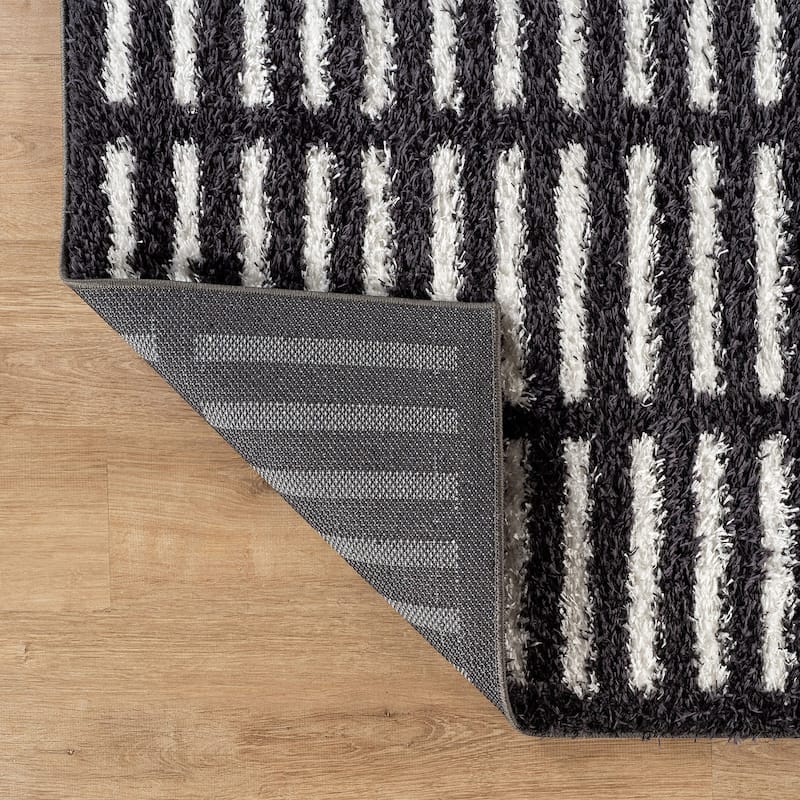 Bohemian Stripe Lines Shag Rug - Textured Surface - Anthracite Dark Gray - Easy to Clean