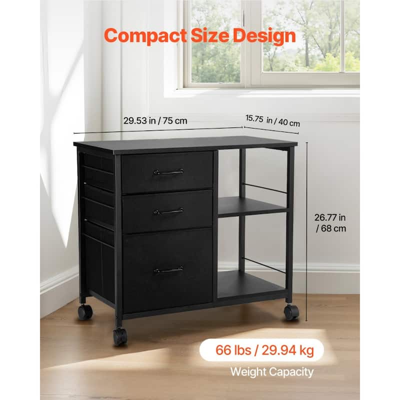 Iron and Wood 3 Drawer File Cabinet with Open Shelves and Casters