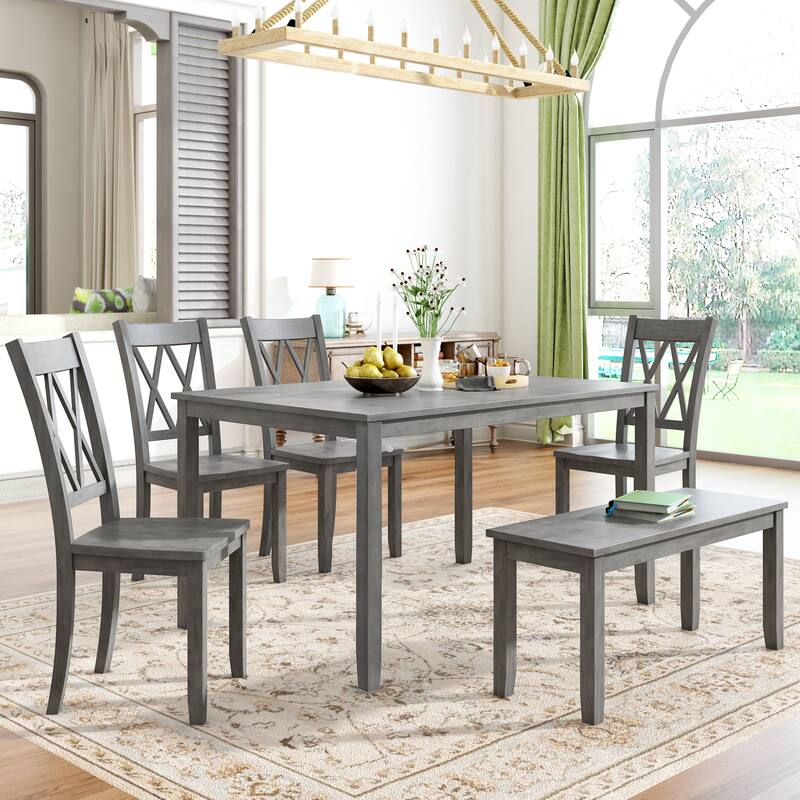 Solid Wood 6Piece Kitchen Table Set, Farmhouse Rubberwood Dining Table Set with Cross Back 4