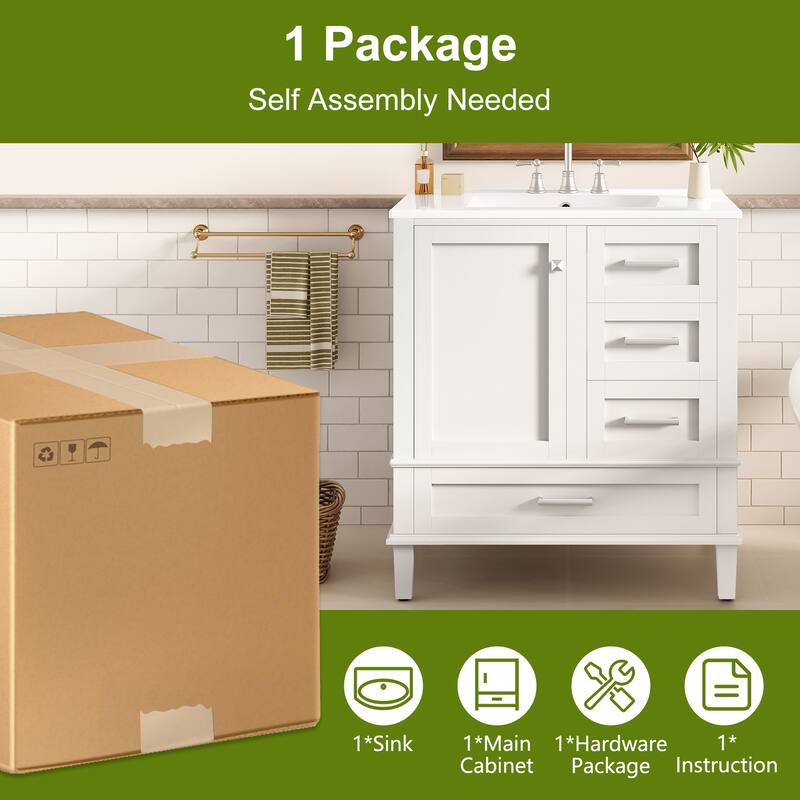 30" Modern Bathroom Vanity with Ceramic Sink, Solid Wood Frame, 1 Door & 3 Soft-Close Drawers, Freestanding