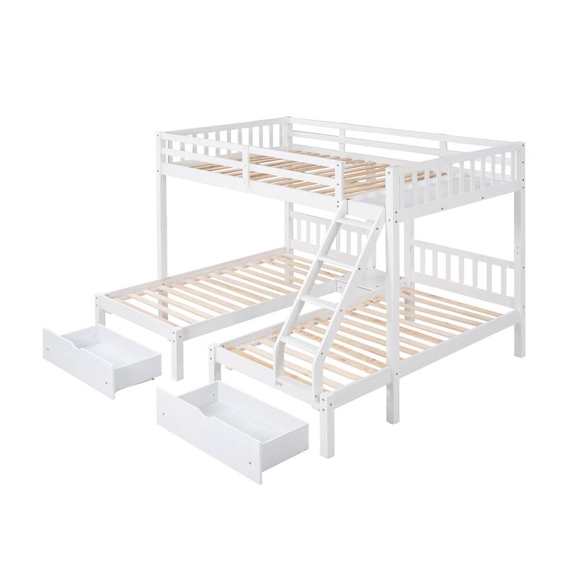 Full Over Twin Wood Triple Bunk Bed with Drawers, Guardrails, and Angled Ladder - Space-Saving Design
