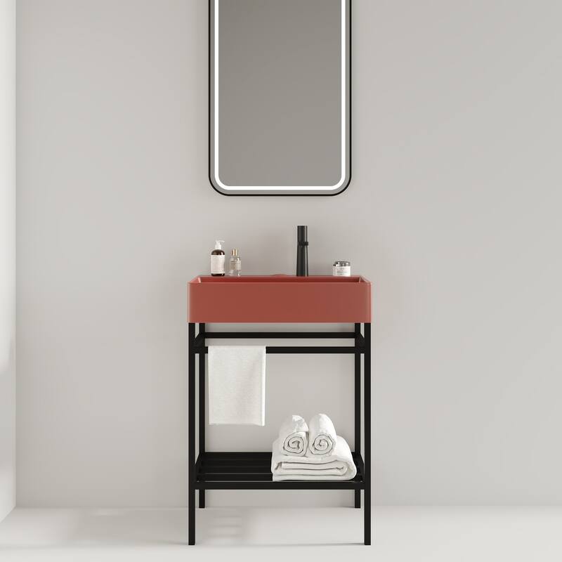 24 inch Metal Freestanding Bathroom Vanity Set with Integrated Ceramic Sink - Red+Black