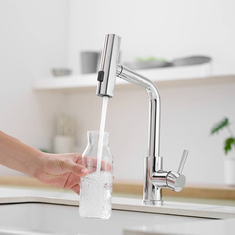 Modern Chrome Single Handle Kitchen Faucet with Pull Out Sprayer, 3 Function Water Outlet
