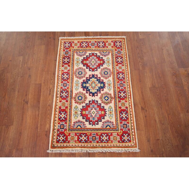 Ivory Kazak Oriental Accent Rug Hand-Knotted Wool Carpet - 1'10" x 2'10"