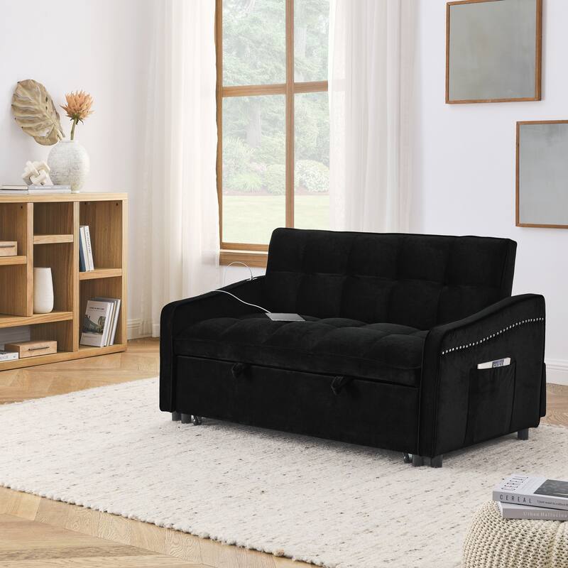 Loveseats Sofa Bed with Pull-out Bed,Adjsutable Back and Two Arm Pocket - Black