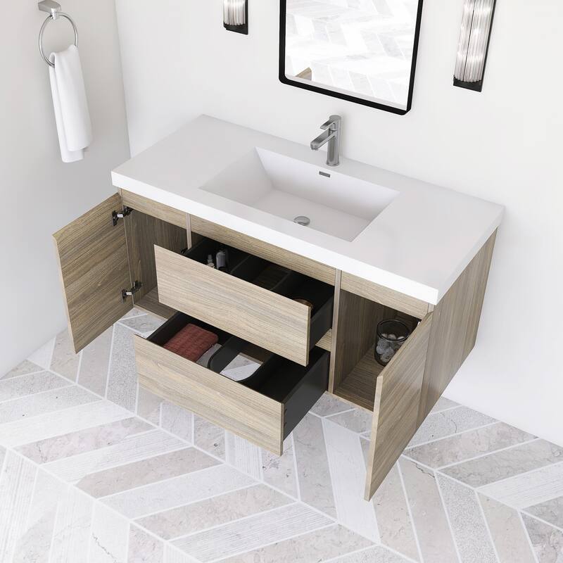 Modern Wall-Mounted Bathroom Vanity with White Solid Surface Top