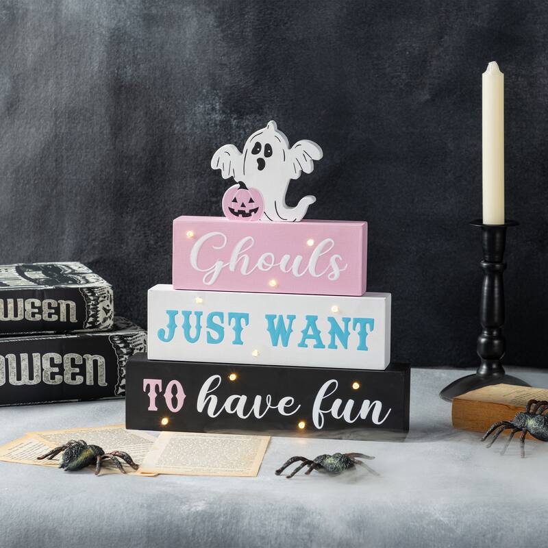 Glitzhome 11.75"H Halloween Wooden Lighted Witch Word Block Table Decor