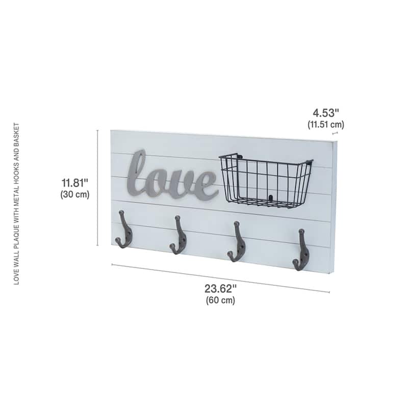 Melannco Love Wall Plaque with Metal Hooks and a Basket, 24 Inch