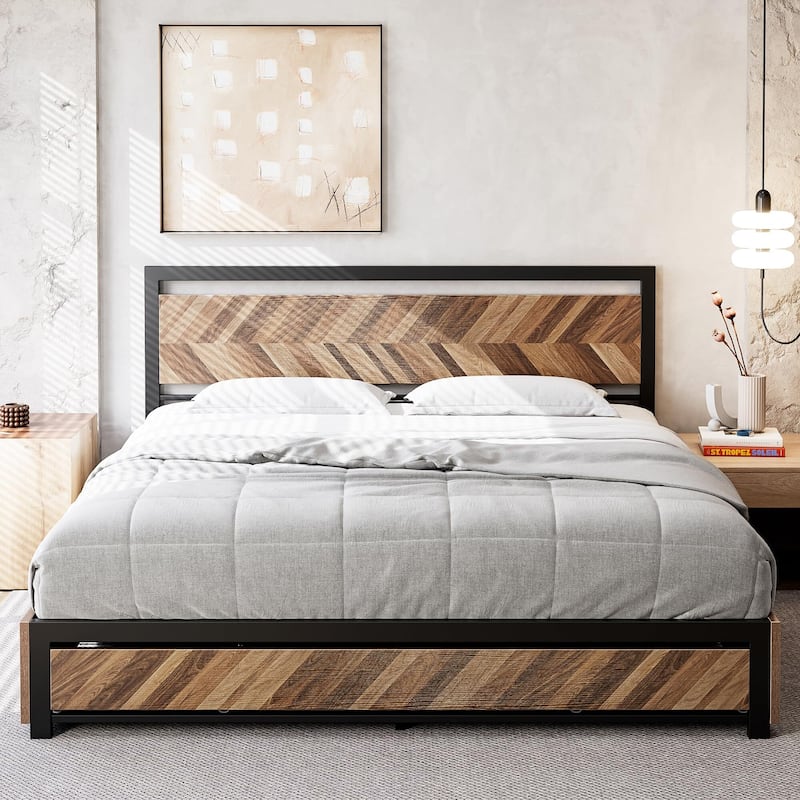 Metal Platform Bed Frame with Rustic Vintage Wood Headboard