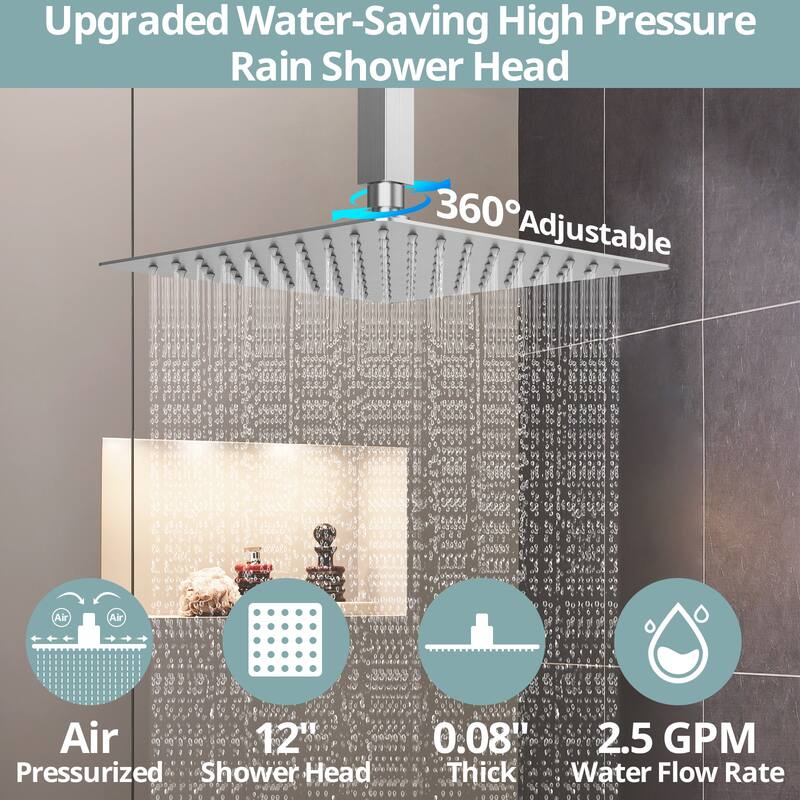 Dual Heads Thermostatic Shower System 12" Wall Rain Shower Head & 12" Ceiling High Pressure Shower Faucet with 6 Body Jets