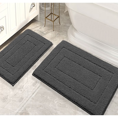 Charcoal 2 Piece Bordered Box Plush Soft Cozy 100% Polyester Bath Mat Set