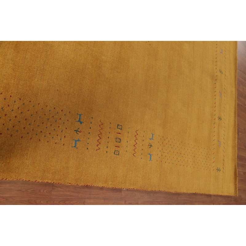 Tribal Gabbeh Area Rug Hand-Knotted Yellow Wool Carpet - 8'1"x 9'8"