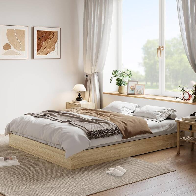 Space-Saving Sturdy Floor-Standing Platform Bed Frame, No Box Spring Needed, Natrual Wood - Queen
