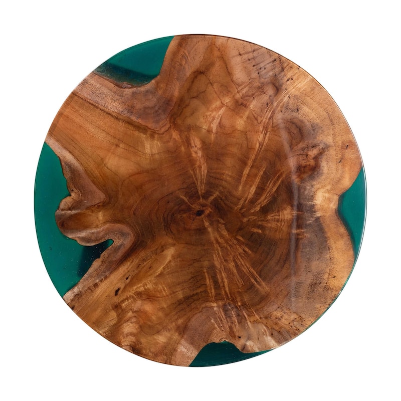 Anan Teak Wood Epoxy Resin End Table - Round Live Edge Side Table with Black Metal Legs, Handcrafted Modern Rustic Accent Table