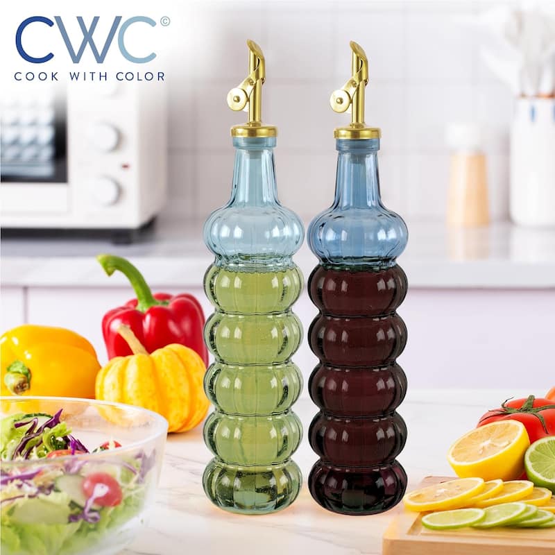 COOK WITH COLOR Glass Olive Oil Bottle Dispenser - 2 Pack- 17oz Oil and Vinegar Carafe Decanter