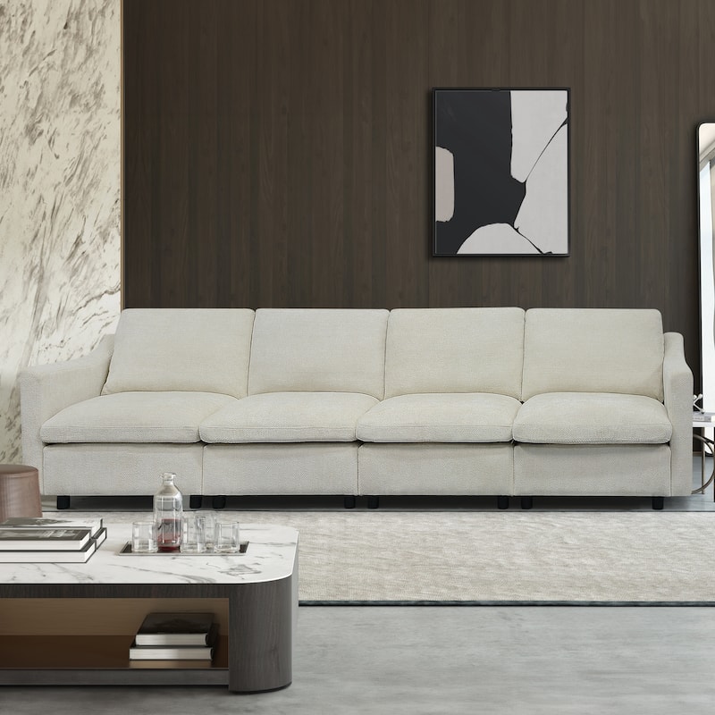 4-Seater Modern Beige Fabric Modular Sofa with Ottoman, Armrest Pockets and 4 Pillows