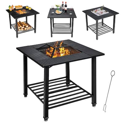 31'' Outdoor Fire Pit Dining Table Wood Burning W/ Cooking BBQ Grate