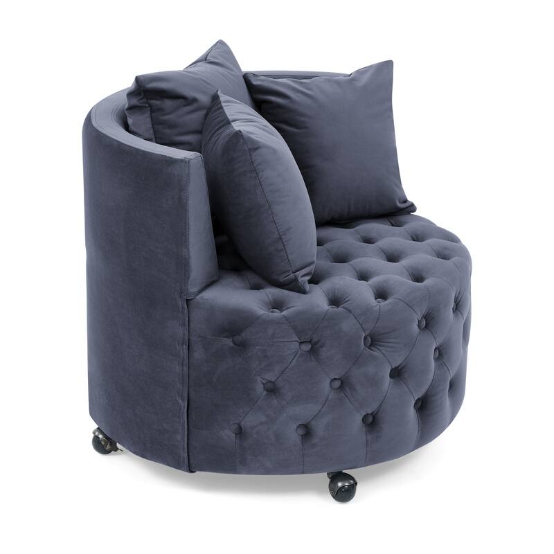 Roomfitters Velvet Swivel Chair with Tufted Button Design, Round Accent Chair with 3 Pillows and Wheels, Lounge Seating