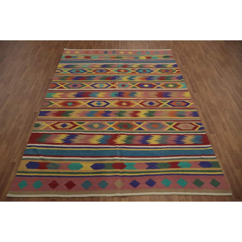 Hand Woven Oriental 100% Wool Carpet Southwestern Modern Multi-Colored Kilim Area Rug - 12' 3'' X 8' 9''
