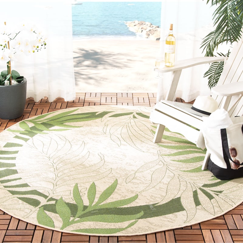 SAFAVIEH Courtyard Idun Botanical Indoor/ Outdoor Waterproof Patio Backyard Rug - 5'3" Round - Cream/Green