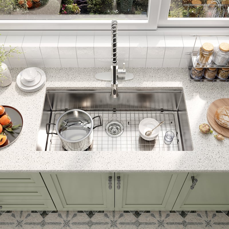 Undermount Single Bowl Nano Brushed Stainless Steel Workstation Kitchen Sink with Two-Function Kitchen Faucet and Accessories