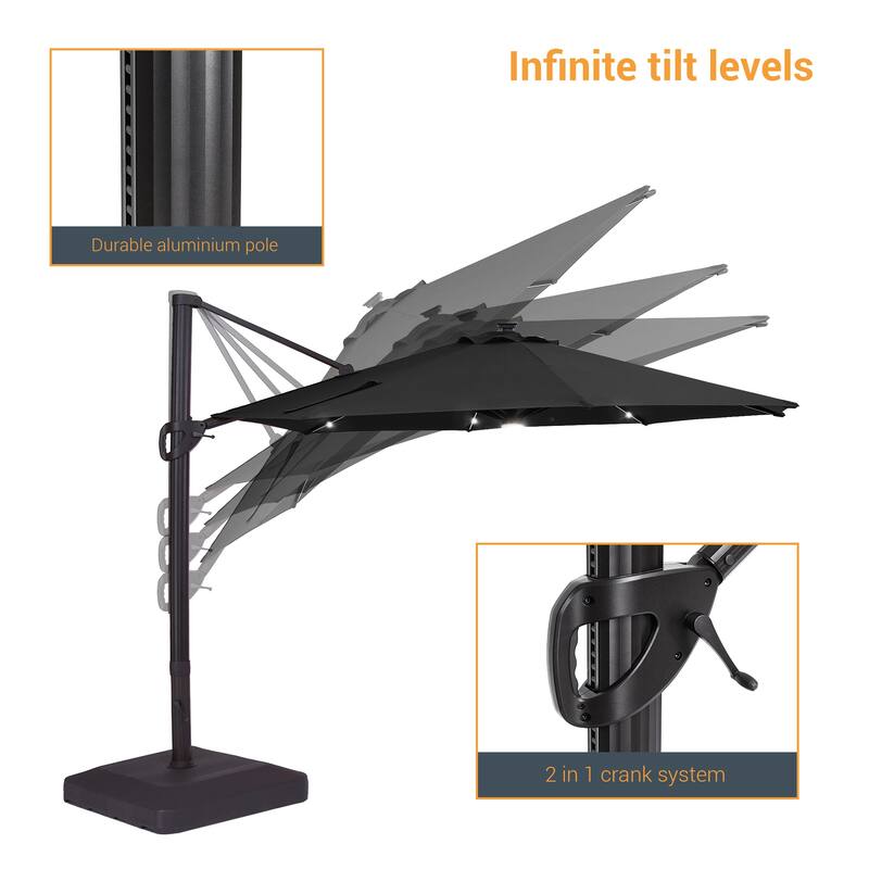 LIVOOSUN 11Ft LED Patio Hanging Octagon Cantilever Umbrella with 360-degree Rotating Canopy