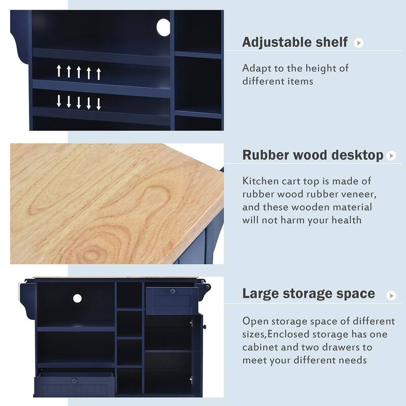 50.80 "W Versatile Solid Wood Countertop Kitchen Island with Storage and Two Locking Wheels