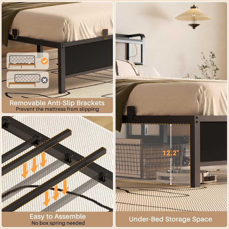 Platform Bed Frame with Upholstered Storage Headboard, Full/ Queen/ King Beds with Charge Station and LED Lights