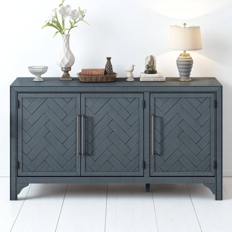 60" Storage Sideboard Cabinet with Pine Veneer, 3 Doors, Adjustable Shelves, MDF Frame for Entryway or Study Room - Navy Blue