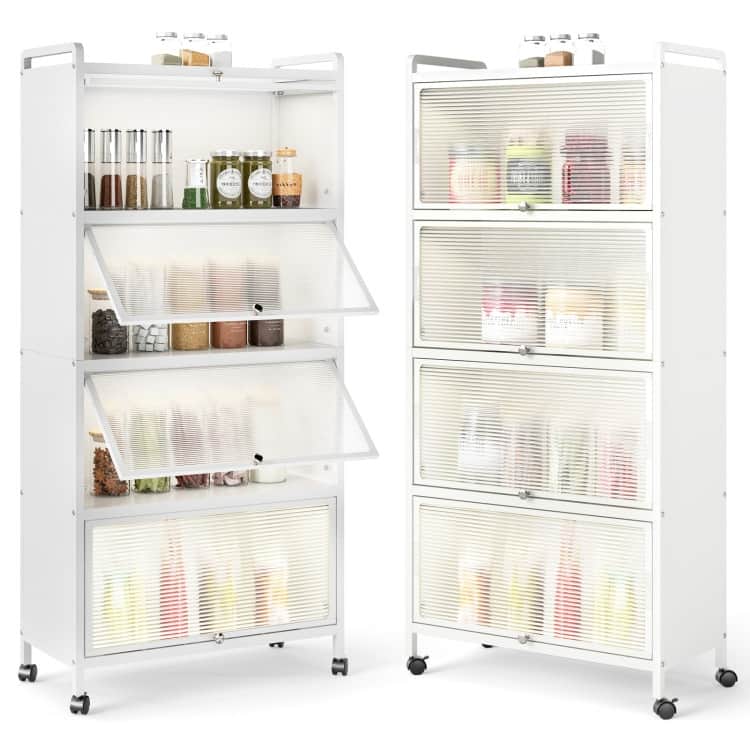 Metal Pantry Storage Cabinet with Flip Doors, Shelves and Casters - 28" x 13" x 62"