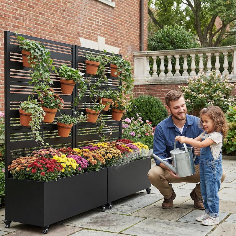 Metal Galvanized Planter Box with Trellis Privacy Screen Lockable Wheels Set of 2