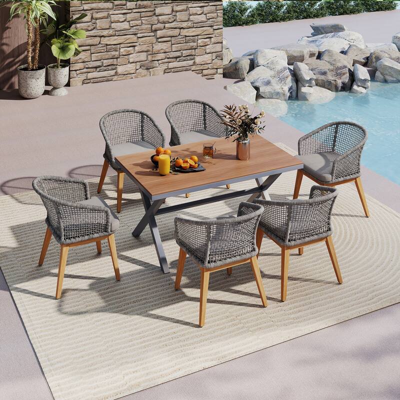 Outdoor 7-Piece Dining Chair with Rope-woven Backrest and Table Set