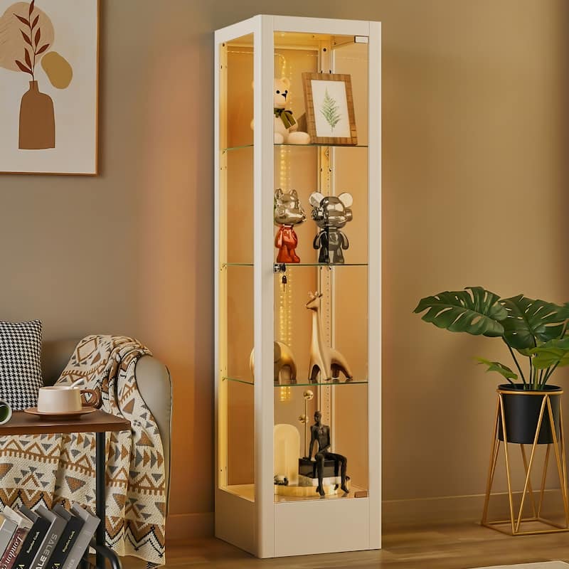 4-shelf Glass Curio Display Cabinet with Doors, RGB Light & Adjustable Storage Shelves - 63"H x 15.8"W x 15.8"D - White