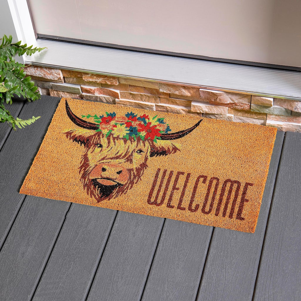 28 in. x 16 in. Highland Cow Welcome Coir Mat