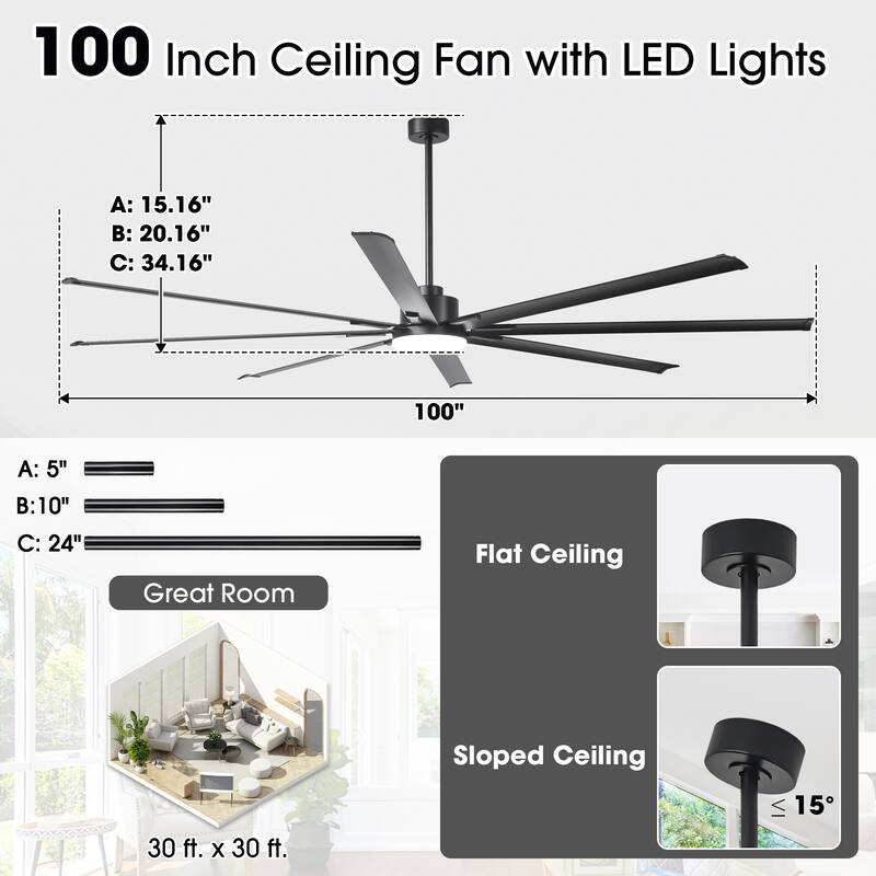 Vaczon 100" Industrial Black Aluminum Extra Larger HVLS Ceiling Fan with Light and Remote