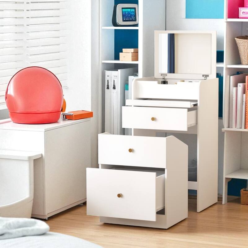 Small Vanity Desk with Mirror, Chair and Drawers, Space-Saving Makeup Table for Girls or Teen Bedroom