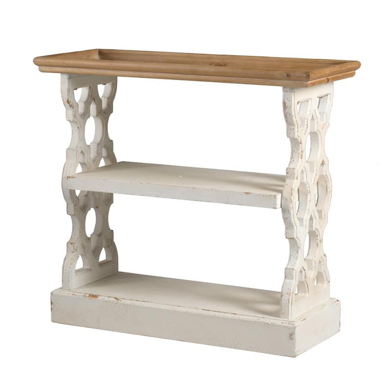 35 Inch 3 Tier Console Table, Fir Wood, Carved Panels, Brown and White - Brown - Wood