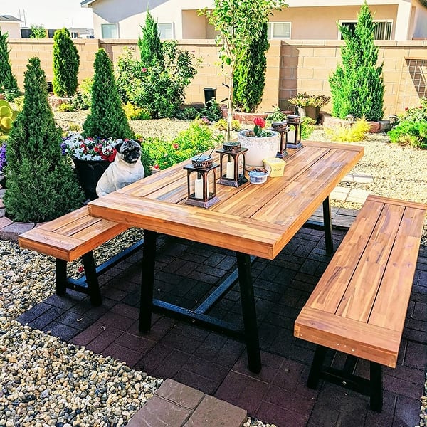 slide 2 of 12, MAISON ARTS 3-Piece Patio Dining Table Set Acacia Wood with 1 Rectangular Table and 2 Benches Set 1
